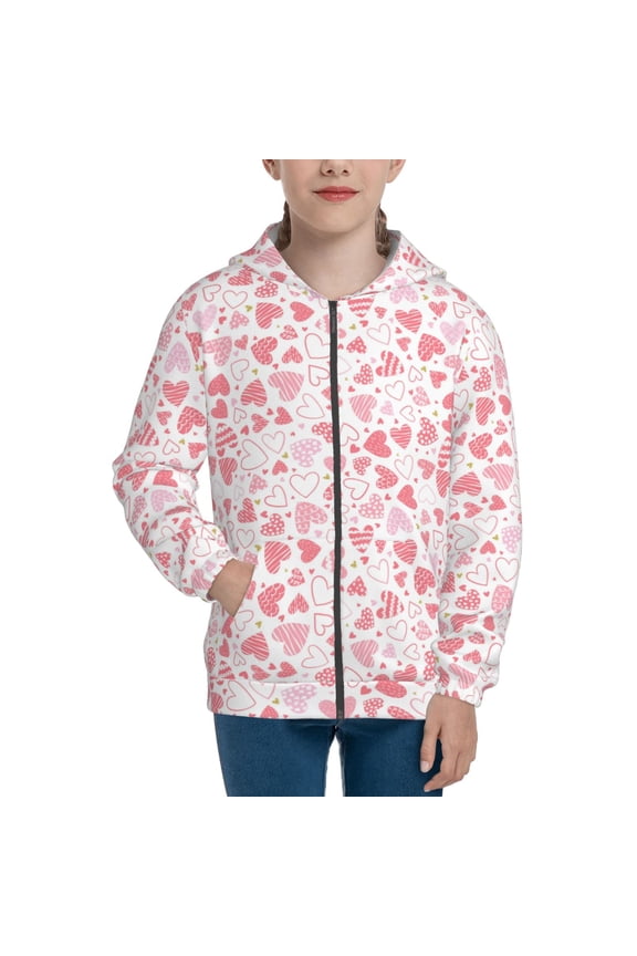 Cute Hand Drawn Hearts Pattern Zip Up Hoodies for Boys Girls, Sweatshirt with Pockets-Small