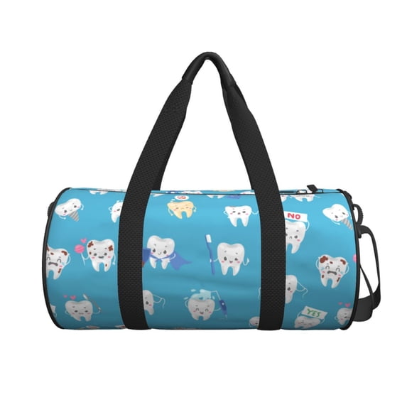 Xecao Cute Healthy Teeth print Round Travel Duffel Bag is a foldable gym bag with an inner pocket, perfect for travel sports