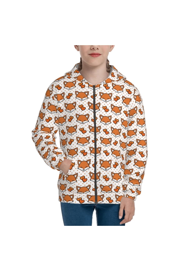 Cute Heart Fox Cartoon Pattern Zip Up Hoodies for Boys Girls, Sweatshirt with Pockets-Medium