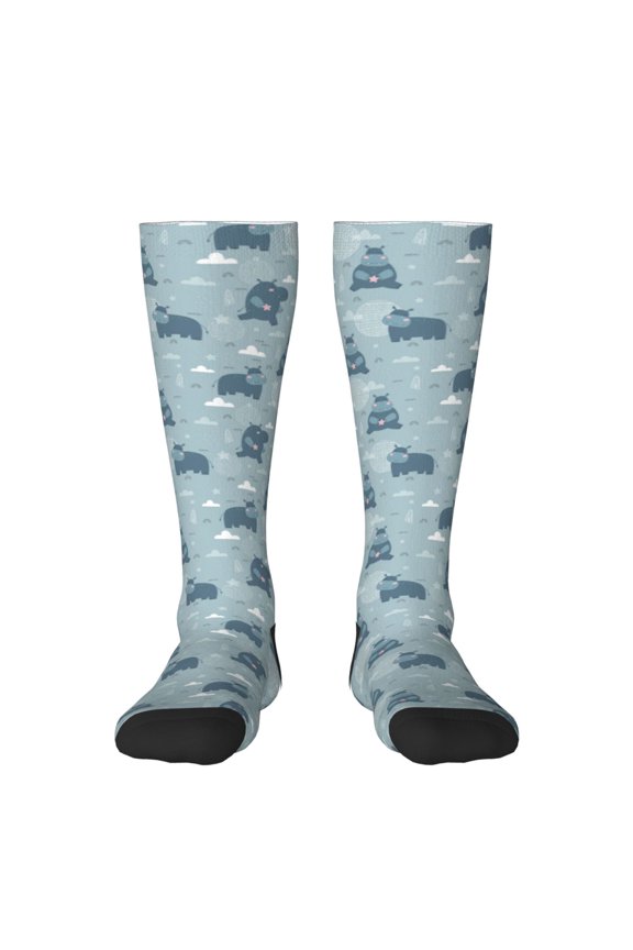 Cute Hippopotamus print thigh-high socks, crafted for both men and women with a stretchy, high-opaque design perfect for daily wear