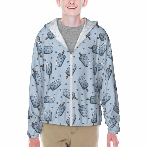 Xecao Cute Ice Cream Print Fishing Shirts for teenager Long Sleeve UV Sun Protection Hoodie with Zipper Outdoor Hiking Shirts-Small