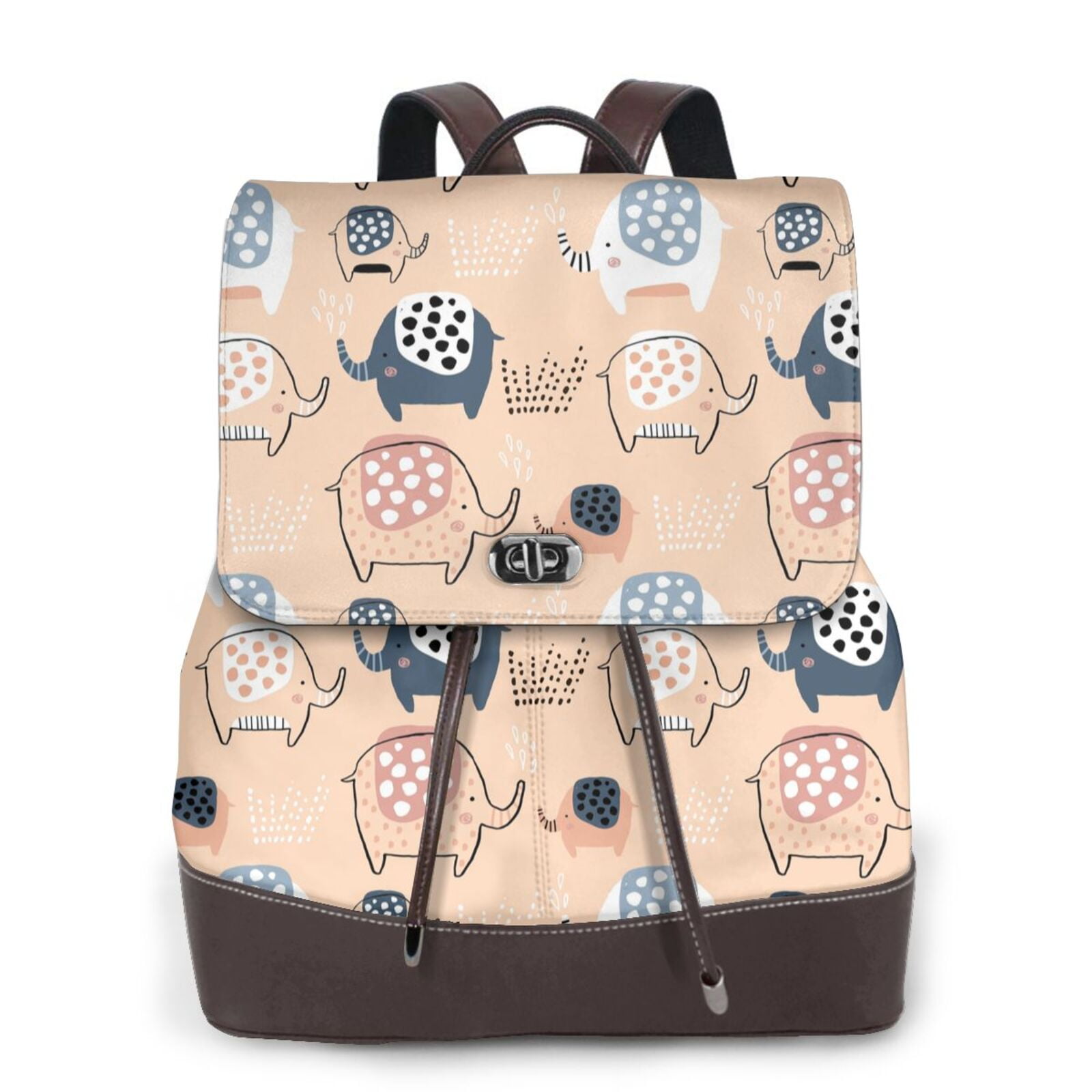 Xecao Cute Ink Drawn Elephants Print Large Backpack Soft Leather for ...