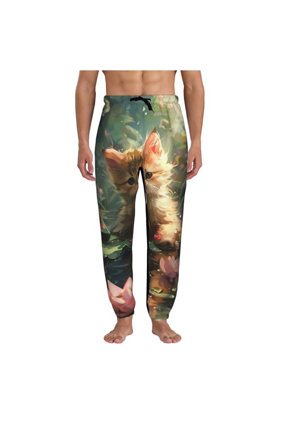 Cute Kitten Water Lilies Print Active Tech Joggers for Men, Mens Sweatpants Lounge Pants with Pockets-XX-Large