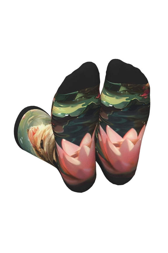 Cute Kitten Water Lilies Print Crew Socks for Men and Women, Men's Soft Moisture-wicking Sock