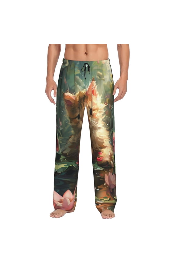 Cute Kitten Water Lilies Print Men's Straight Lounge Pajama Pants - The Ultimate in Comfortable Sleepwear-X-Large