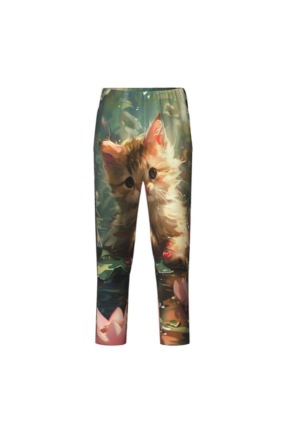 Cute Kitten Water Lilies Print Teenagers' Pajama Pants Long Sleep Pants Soft Elastic Waist Pajama Bottoms Elastic waist with 2 Pockets 5-16 Years-Large