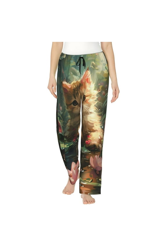 Cute Kitten Water Lilies Print Women's Straight Lounge Pajama Pants,The Epitome of Relaxed Sleepwear-Small