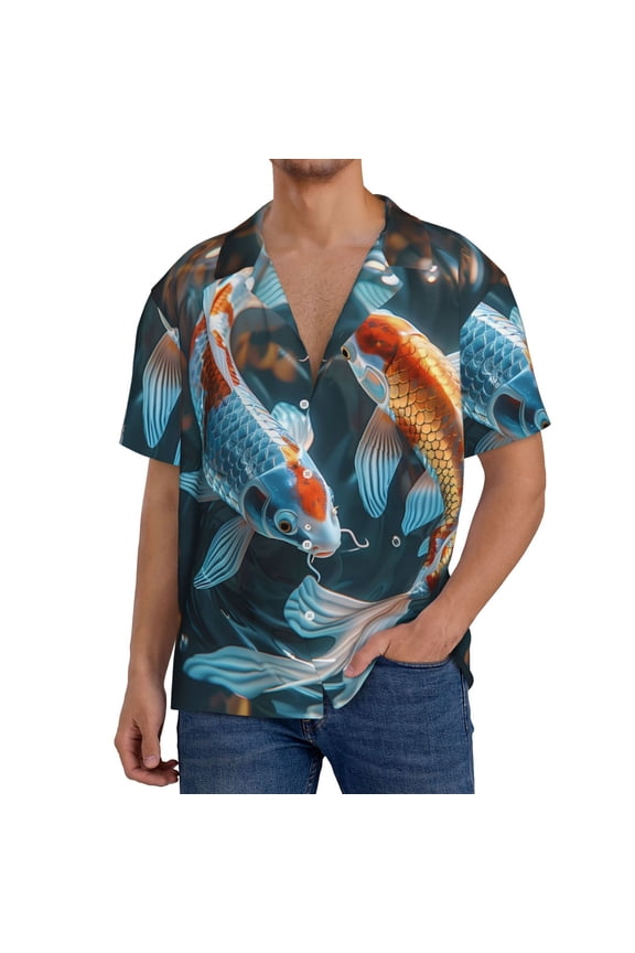 Cute Koi Fish Serenity Men's Casual Short-sleeved Shirt, a button-up collared shirt with a pocket-Small