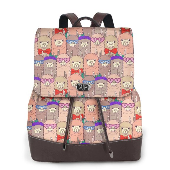 Xecao Cute Lamas Print Large Backpack Soft Leather for Women Travel with Compartment, Adjustable Convertible Strap