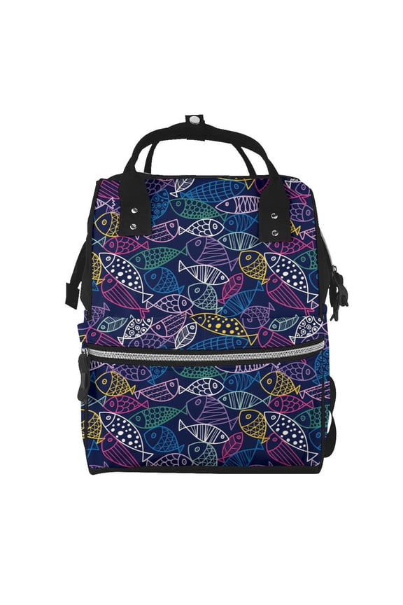 Cute Line Fish print Large Capacity Nappy Bag is a multi-functional waterproof travel backpack, perfect as a nursing bag or mummy backpack for women