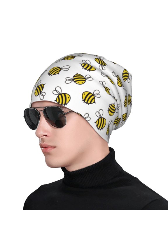 Cute Little Bee Print Beanie Knitted Hat for Men Women, Winter Fashion Knit Cuffed Caps Unisex
