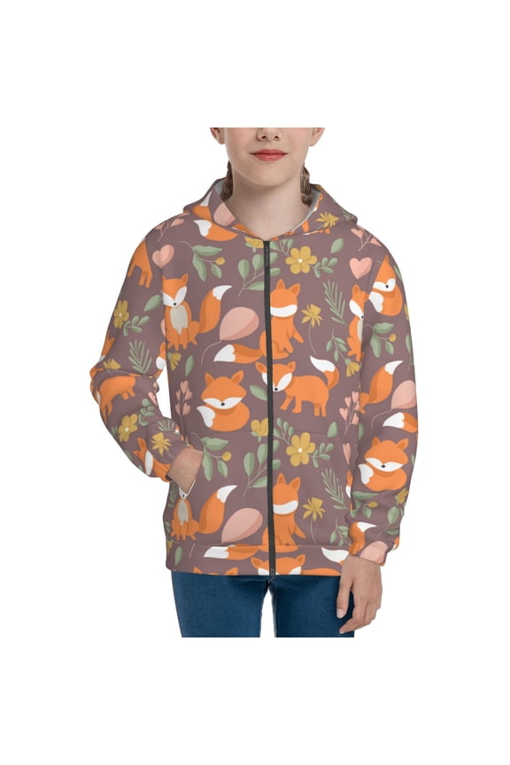 Cute Little Fox Pattern Zip Up Hoodies for Boys Girls, Sweatshirt with Pockets-Medium