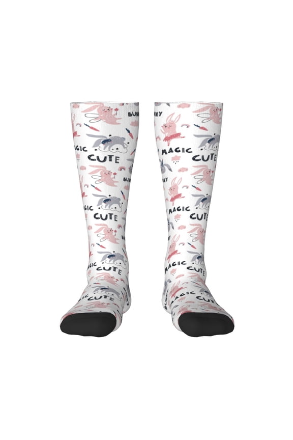 Cute Magic Bunny print thigh-high socks, crafted for both men and women with a stretchy, high-opaque design perfect for daily wear