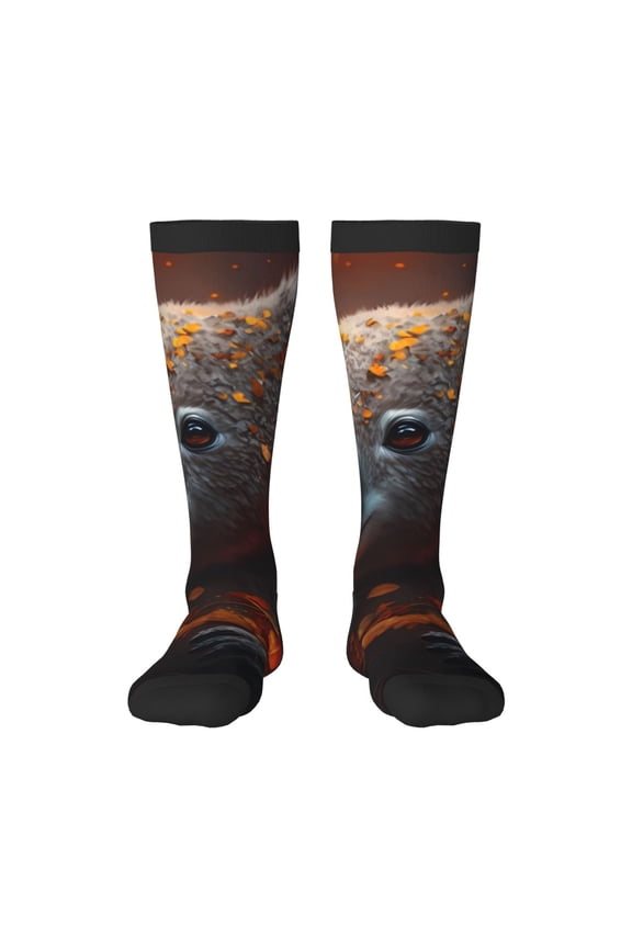 Cute Maple Leaf Koala print thigh-high socks, crafted for both men and women with a stretchy, high-opaque design perfect for daily wear