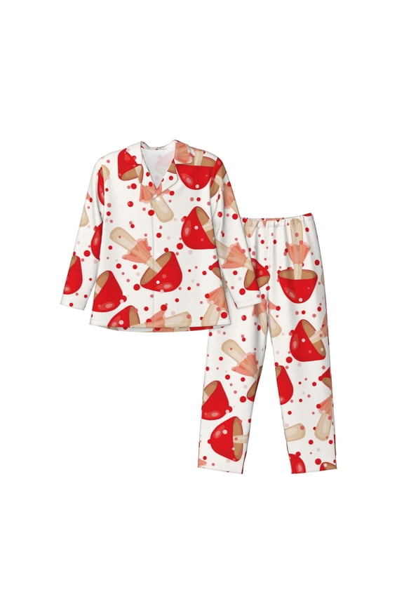 Cute Mushroom Print Pajamas Set Mens Pajamas Long Sleeve Loungewear Two-Piece Sleepwear Button-Down Pjs Set,2PJS-Large