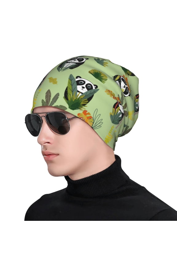 Cute Panda Bear In Greenery Forest Print Beanie Knitted Hat for Men Women, Winter Fashion Knit Cuffed Caps Unisex