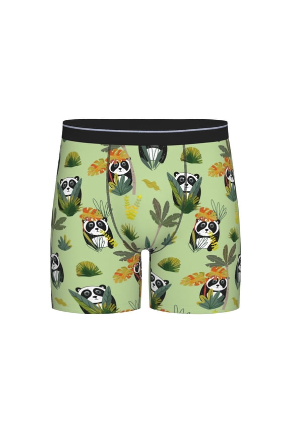 Cute Panda Bear In Greenery Forest Print Boxer Briefs for Men's Stretch Moisture-Wicking Underwear, Mid-Rise Classics breathable fabric