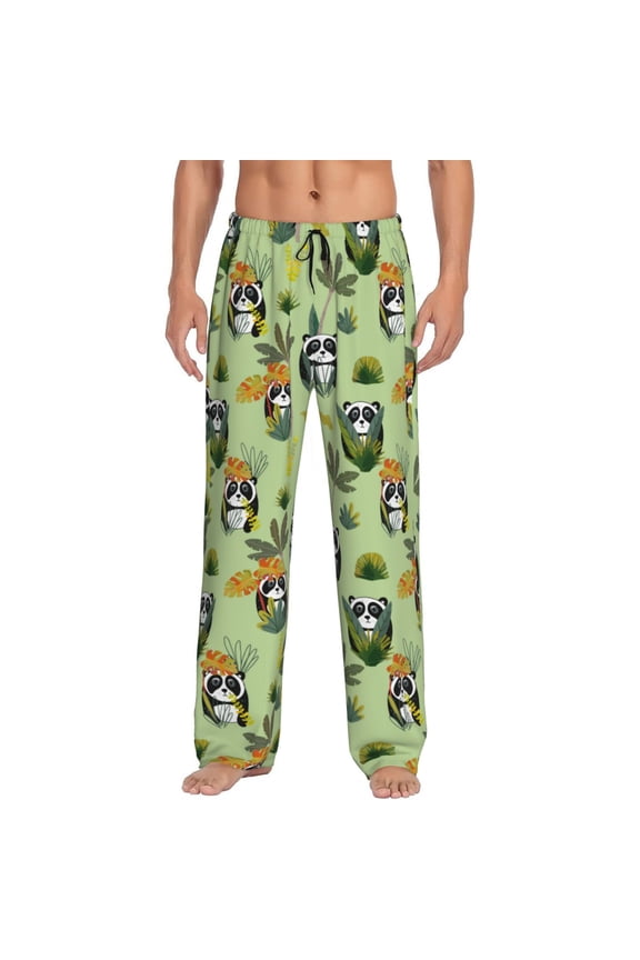 Cute Panda Bear In Greenery Forest Print Men's Straight Lounge Pajama Pants - The Ultimate in Comfortable Sleepwear-Medium