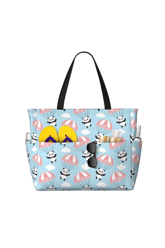 Cute Panda Flying in the Sky for versatile beach bag for women includes zipper pockets and waterproof material, ideal for vacations and adventures.
