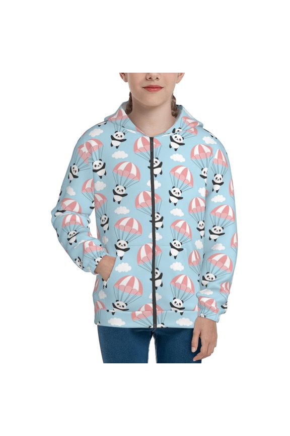 Cute Panda Flying in the Sky Pattern Zip Up Hoodies for Boys Girls, Sweatshirt with Pockets-Medium