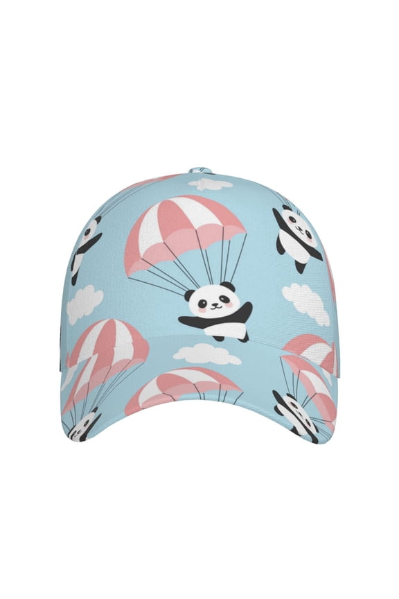 Cute Panda Flying in the Sky for Baseball Cap: Unisex, crafted from classic polyester twill fabric, featuring a soft unconstructed design