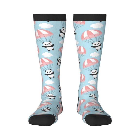 Xecao Cute Panda Flying in the Sky print thigh-high socks, crafted for both men and women with a stretchy, high-opaque design perfect for daily wear