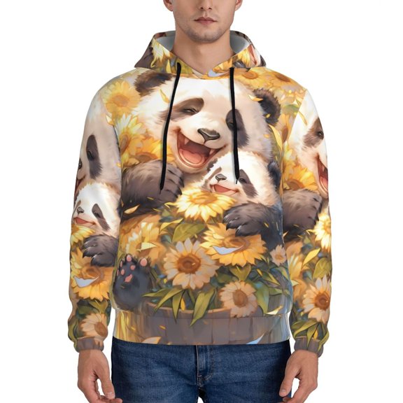 Xecao Cute Panda Sunflower Pattern Men's Adult Pullover Hoodie,Hooded Sweatshirt-Large