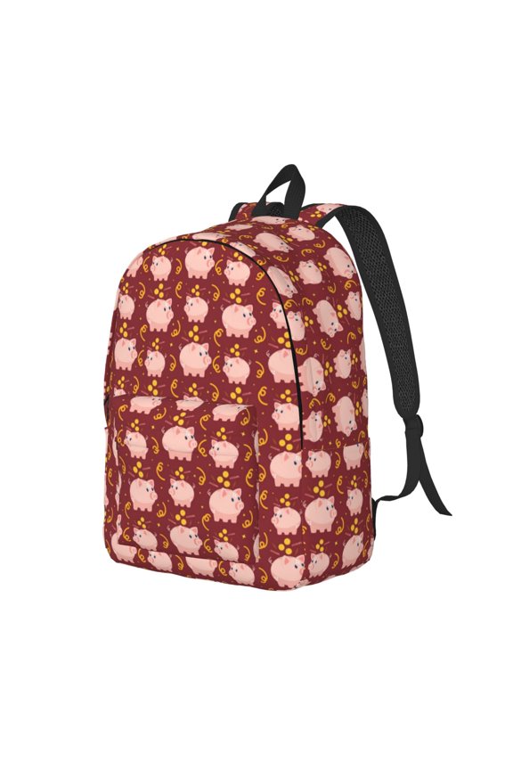 Cute Pig with Coins Canvas College Laptop Backpack, a durable rucksack designed for both men and women, ideal for travel, school, and daily use-Small