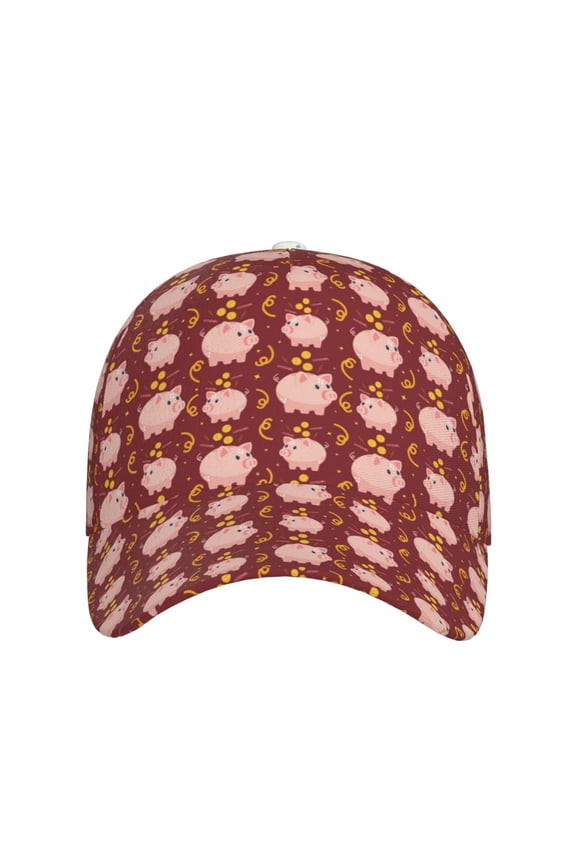 Cute Pig with Coins for Baseball Cap: Unisex, crafted from classic polyester twill fabric, featuring a soft unconstructed design
