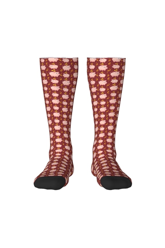 Cute Pig with Coins print thigh-high socks, crafted for both men and women with a stretchy, high-opaque design perfect for daily wear