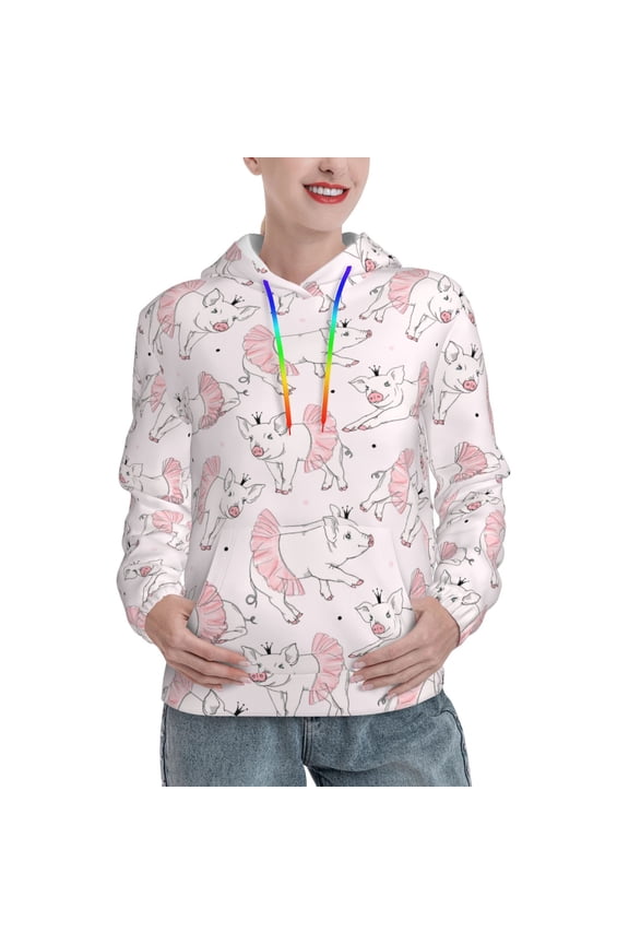 Cute Piggy Ballerina Pattern Hoodies for Women Sweatshirts Long Sleeve Sweatshirts Pullover Outfits with Pocket-