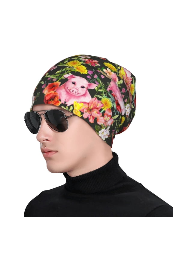 Cute Pigs Sunflower Print Beanie Knitted Hat for Men Women, Winter Fashion Knit Cuffed Caps Unisex