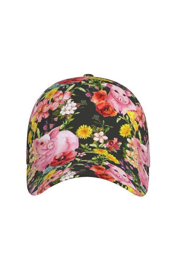 Cute Pigs Sunflower for Baseball Cap: Unisex, crafted from classic polyester twill fabric, featuring a soft unconstructed design