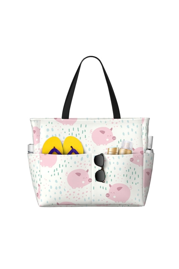 Cute Pigs for versatile beach bag for women includes zipper pockets and waterproof material, ideal for vacations and adventures.