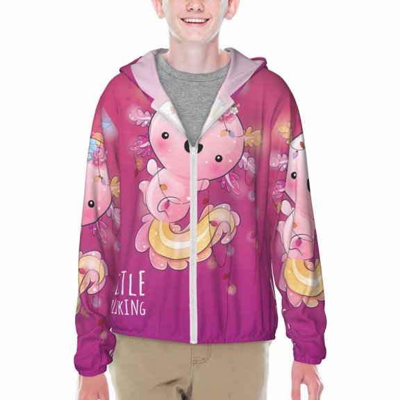 Xecao Cute Pink Axolotl A Print Fishing Shirts for teenager Long Sleeve UV Sun Protection Hoodie with Zipper Outdoor Hiking Shirts-Large