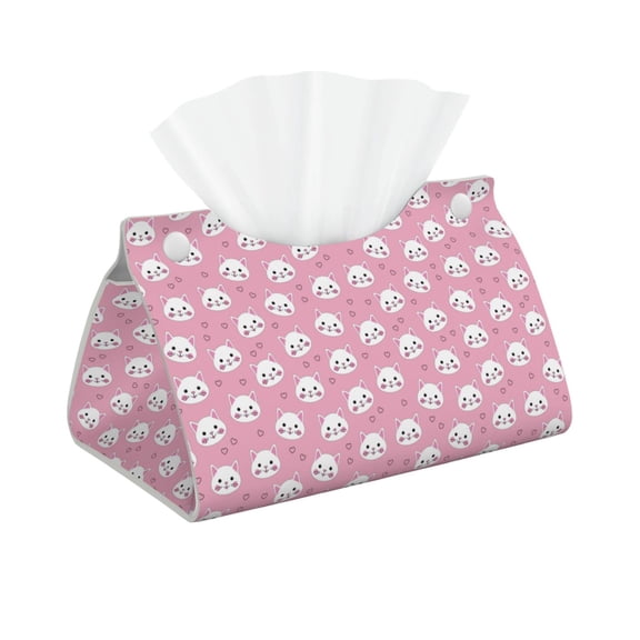 Xecao Cute Pink Cat Print Tissue Box Cover,Modern PVC Leather Square Tissue Box Holder for Creative Decorative