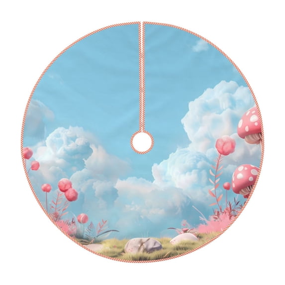 Xecao Cute Pink Mushrooms Pattern Christmas Tree Skirt Round Xmas Tree Mat Base Cover for Holiday Home Decorations-36"