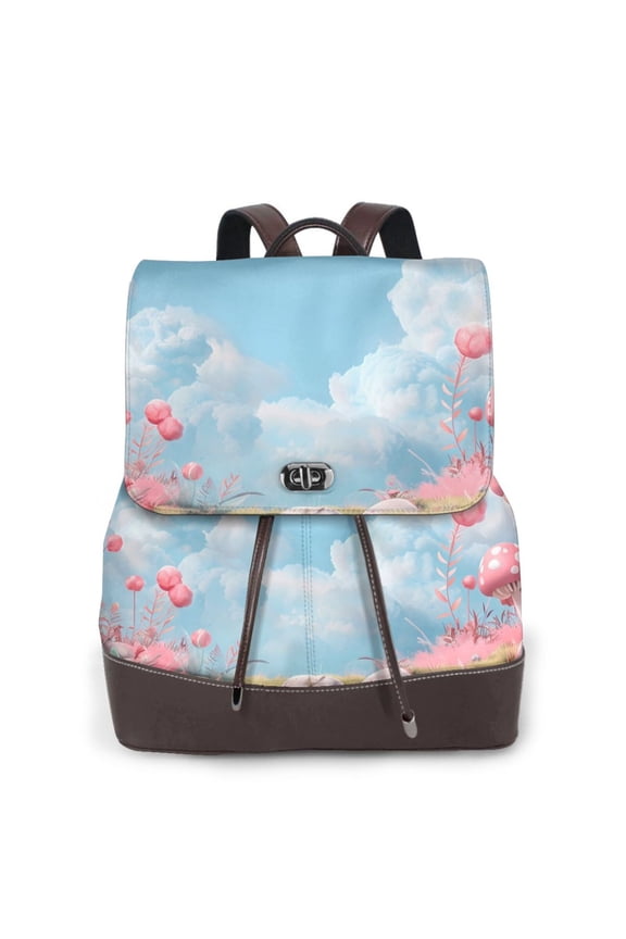Cute Pink Mushrooms Print Large Backpack Soft Leather for Women Travel with Compartment, Adjustable Convertible Strap