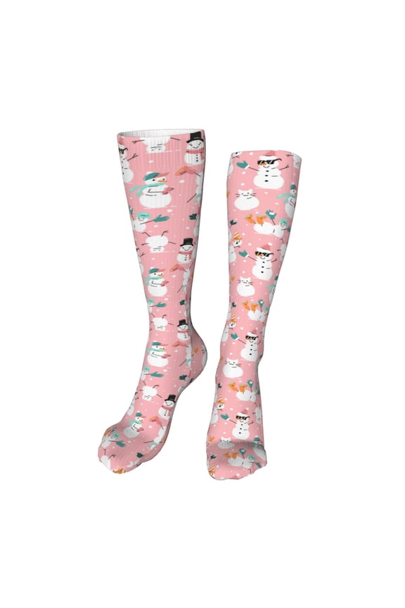 Cute Pink Snowman Cat Print Calf Socks Seamless Toe, Knee High Long Socks, Sports Socks Trouser Socks for Women and Men-One Size