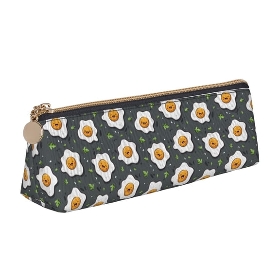 Xecao Cute Poached Eggs Print Leather Pencil Case -Stationery Bag Pen Holder for Work & Office