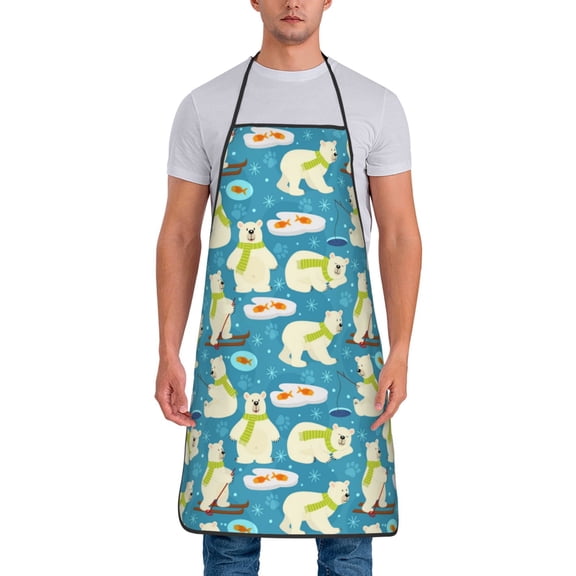 Xecao Cute Polar Bear Fishing Print Funny BBQ Chef Aprons for Men Women,Adjustable Kitchen Cooking Aprons with Pocket Waterproof Oil Proof No Pilling Fading