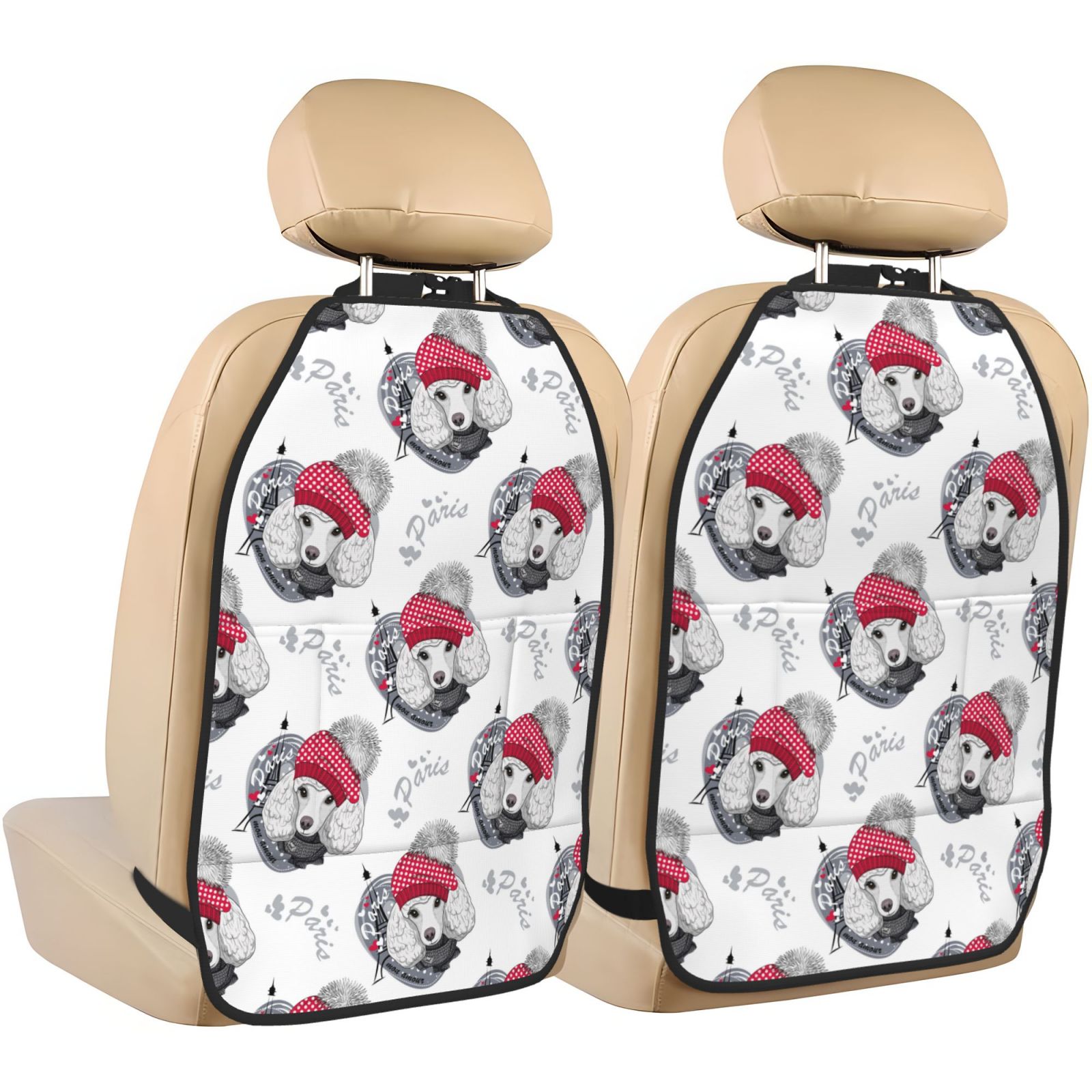 Xecao Cute Poodle Dog Pattern Car Seat Back Protector 2 Pack Large Capacity Pocket, Kick Mats Back Seat Protector