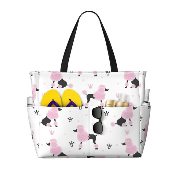 Xecao Cute Poodle Dog for versatile beach bag for women includes zipper pockets and waterproof material, ideal for vacations and adventures.