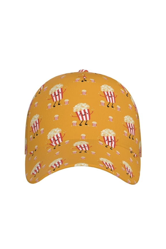 Cute Popcorn for Baseball Cap: Unisex, crafted from classic polyester twill fabric, featuring a soft unconstructed design