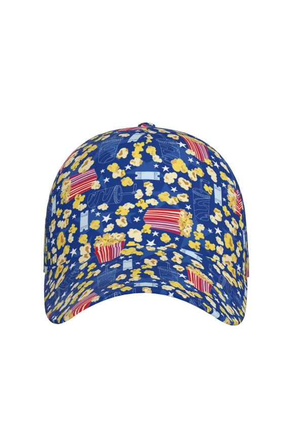 Cute Popcorn for Baseball Cap: Unisex, crafted from classic polyester twill fabric, featuring a soft unconstructed design