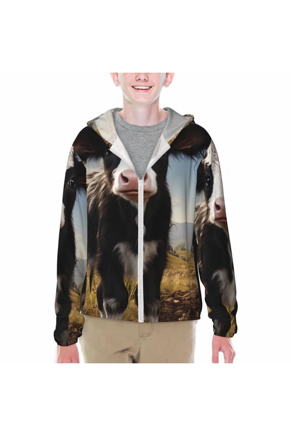 Cute Prairie Cow Print Fishing Shirts for teenager Long Sleeve UV Sun Protection Hoodie with Zipper Outdoor Hiking Shirts-XX-Large