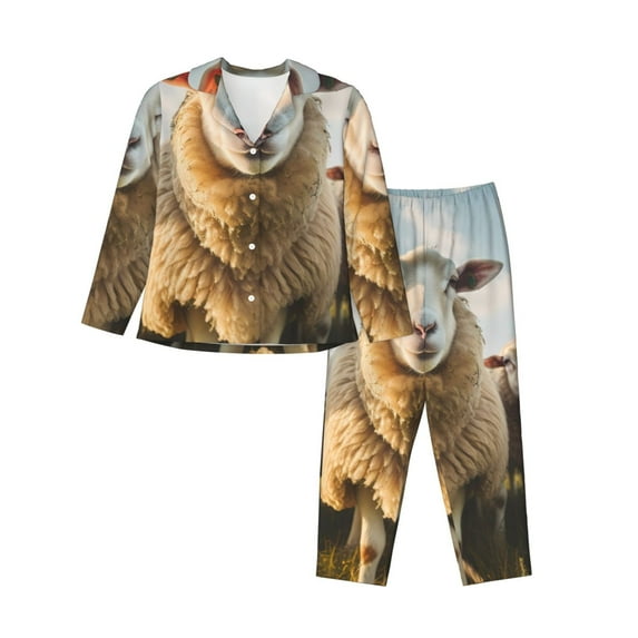 Xecao Cute Prairie Sheep Herd Print Women Pajamas Set Soft Sleepwear Pjs long Sleeve Button Down Nightwear with Long Pants