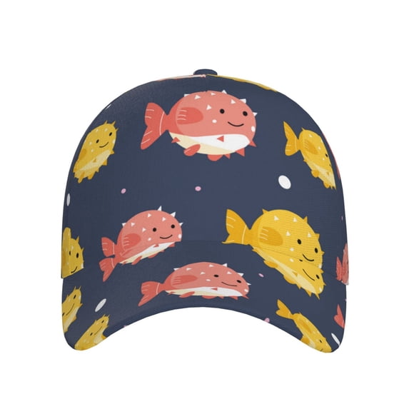 Xecao Cute Puffer Fish for Baseball Cap: Unisex, crafted from classic polyester twill fabric, featuring a soft unconstructed design