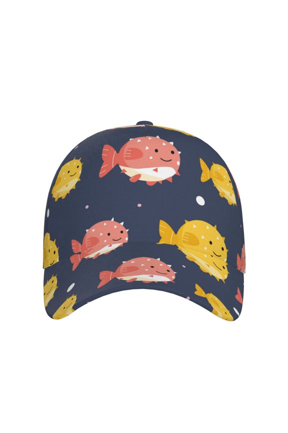 Cute Puffer Fish for Baseball Cap: Unisex, crafted from classic polyester twill fabric, featuring a soft unconstructed design