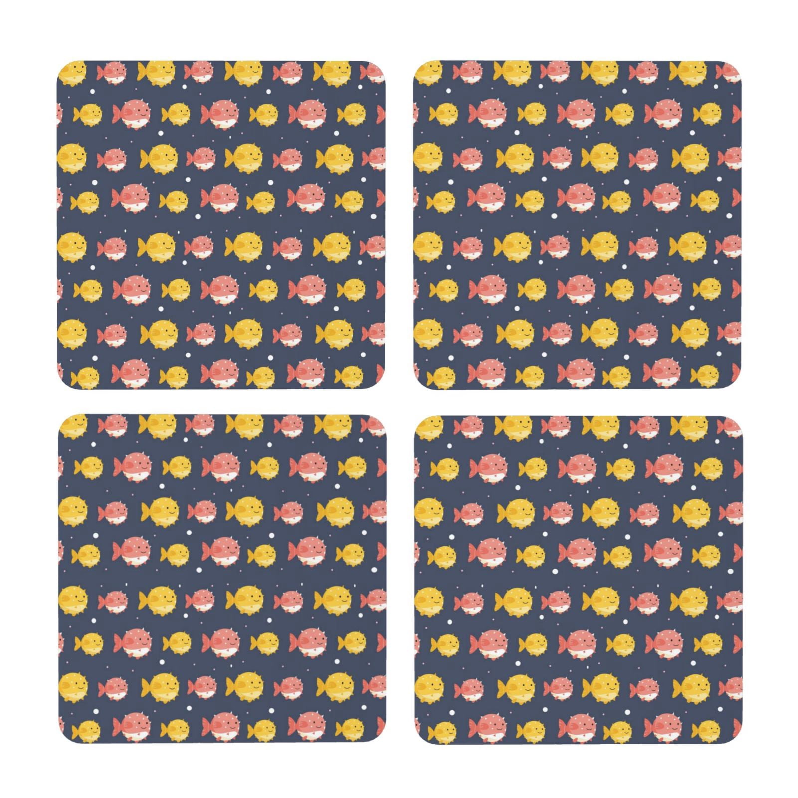 Xecao Cute Puffer Fish for MDF Cork Coaster 4 Pcs,Drink Coasters,Suit ...